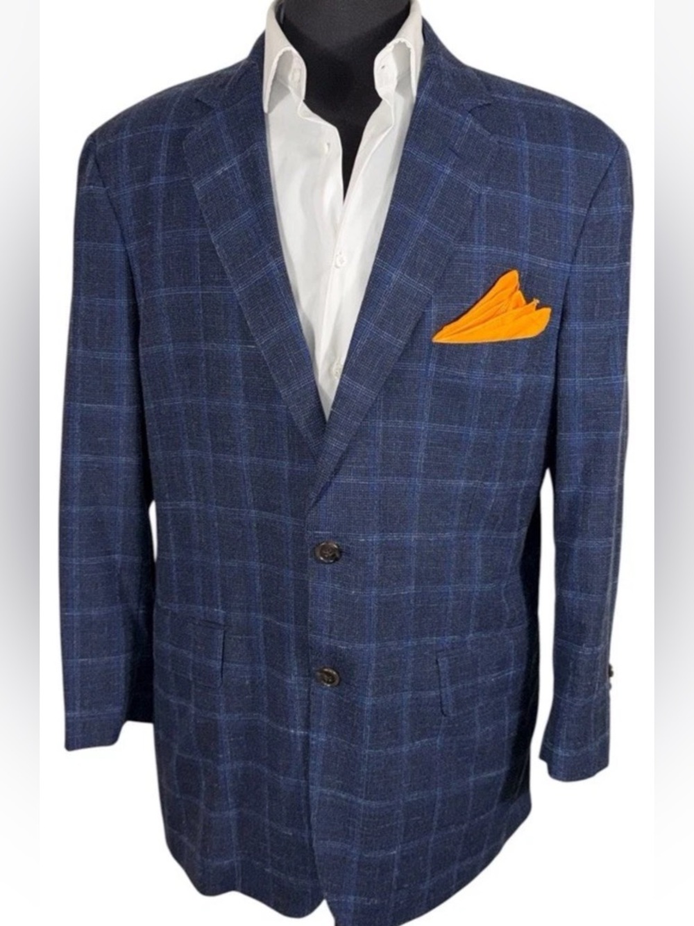 ALLEN EDMONDS LINEN SILK WOOL BLEND BLUE WINDOWPANE SPORT COAT SZ 44S - Picture 2 of 11